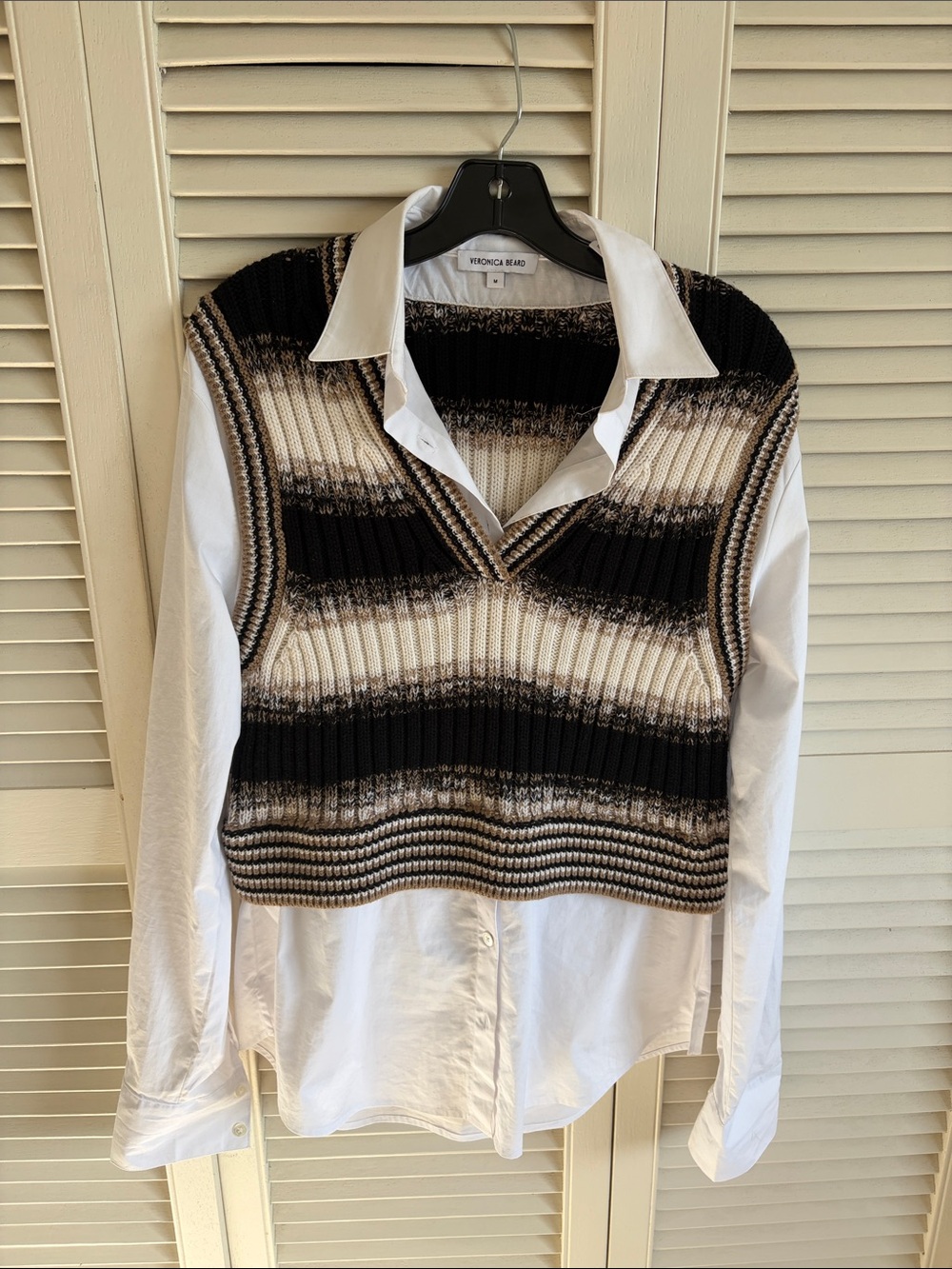 Veronica Beard Black Cream and Brown Striped V-Neck Sweater Vest